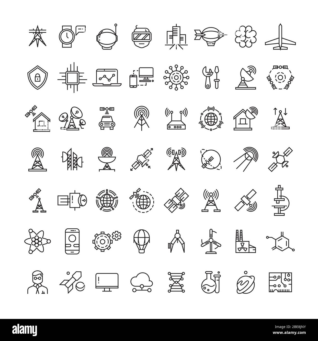 Science, technologies and satellite line icons collection. Line planet and spaceship illustration Stock Vector