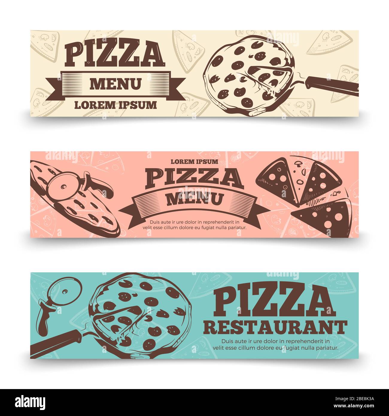 Pizza menu banners template - food vintage banners. Restaurant poster, vector illustration Stock Vector