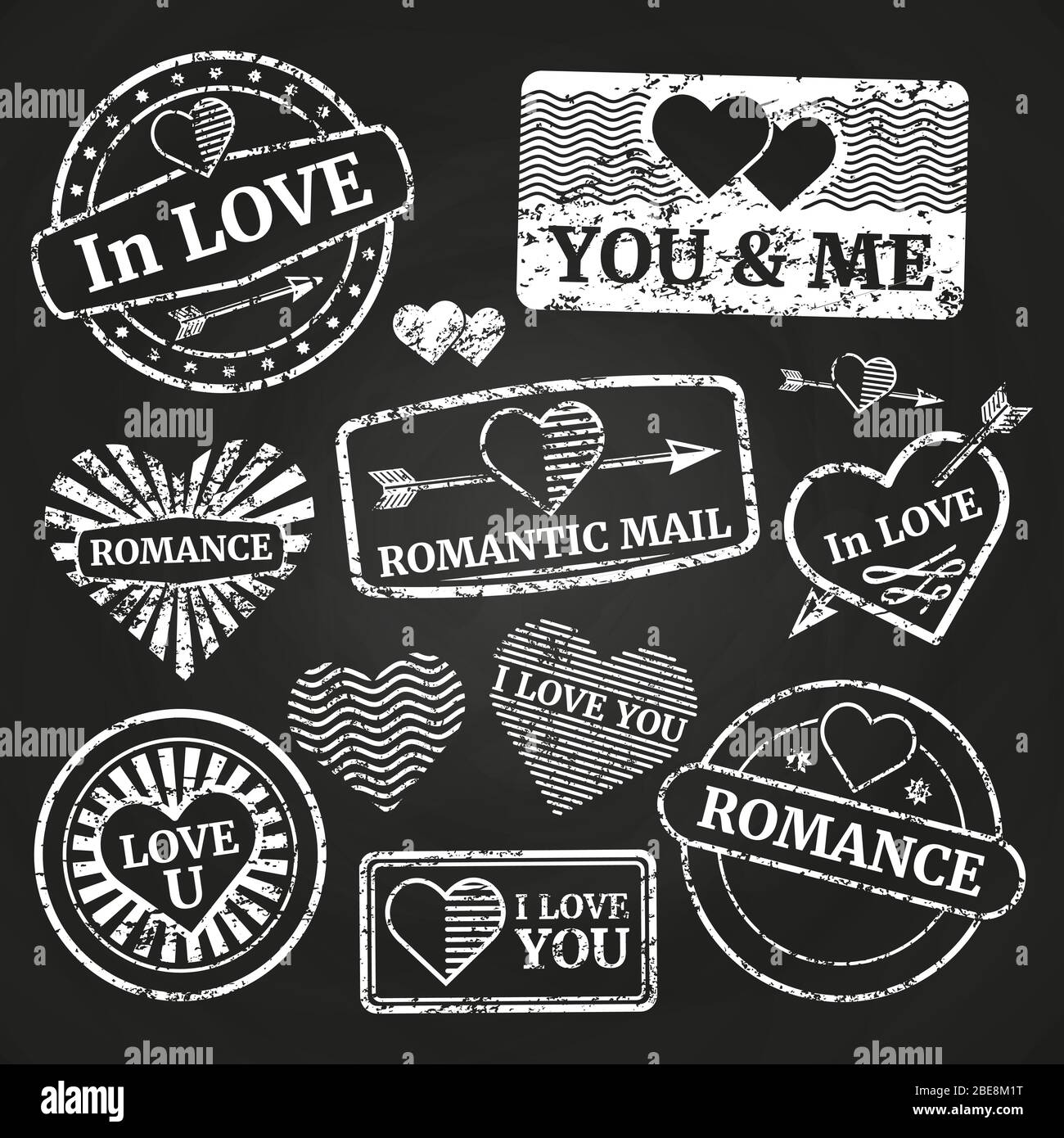 Romantic postage grunge stamp collection on chalkboard. Vector illustration flat Stock Vector