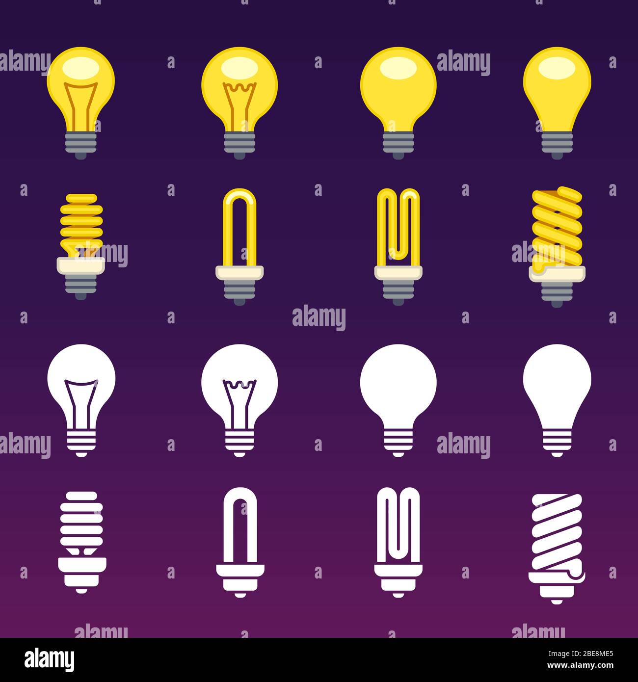 White silhouettes and colorful light bulbs icons. Idea lamp symbol illustration Stock Vector