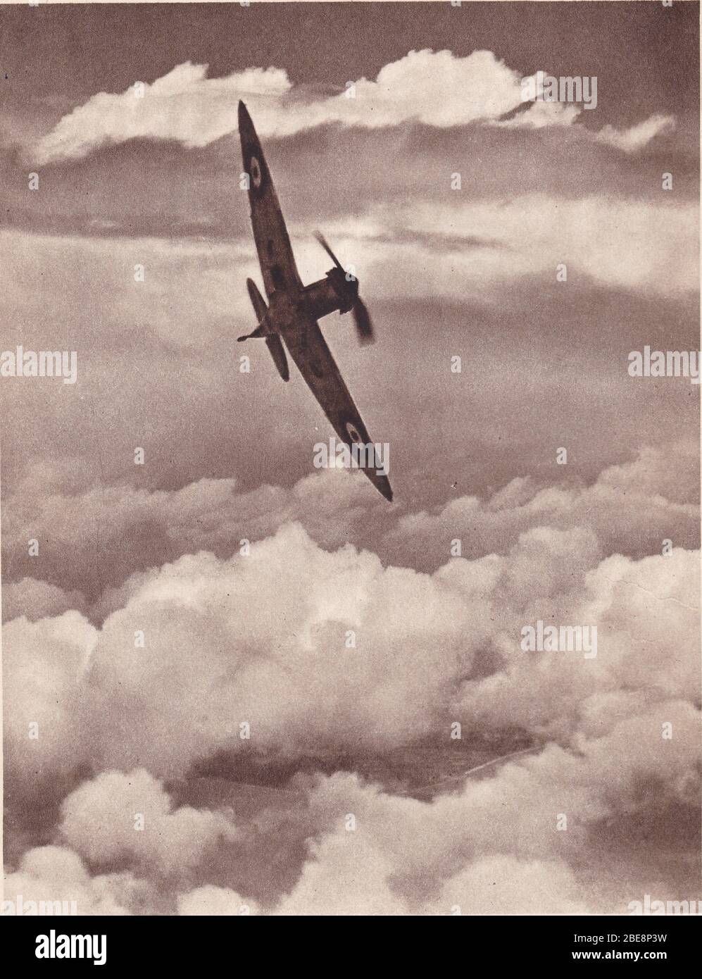 Vintage 1930s black and white photo of The Supermarine Spitfire plane in flight. Stock Photo