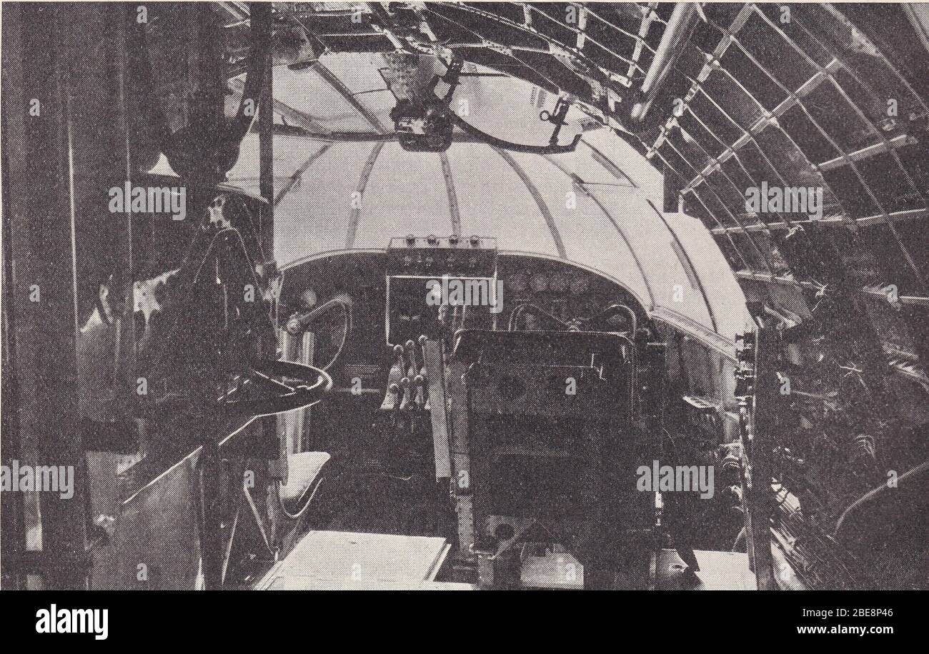 Vintage 1930s black and white photo of Bridge / Cockpit of The Short Empire Flying Boat Plane. Stock Photo