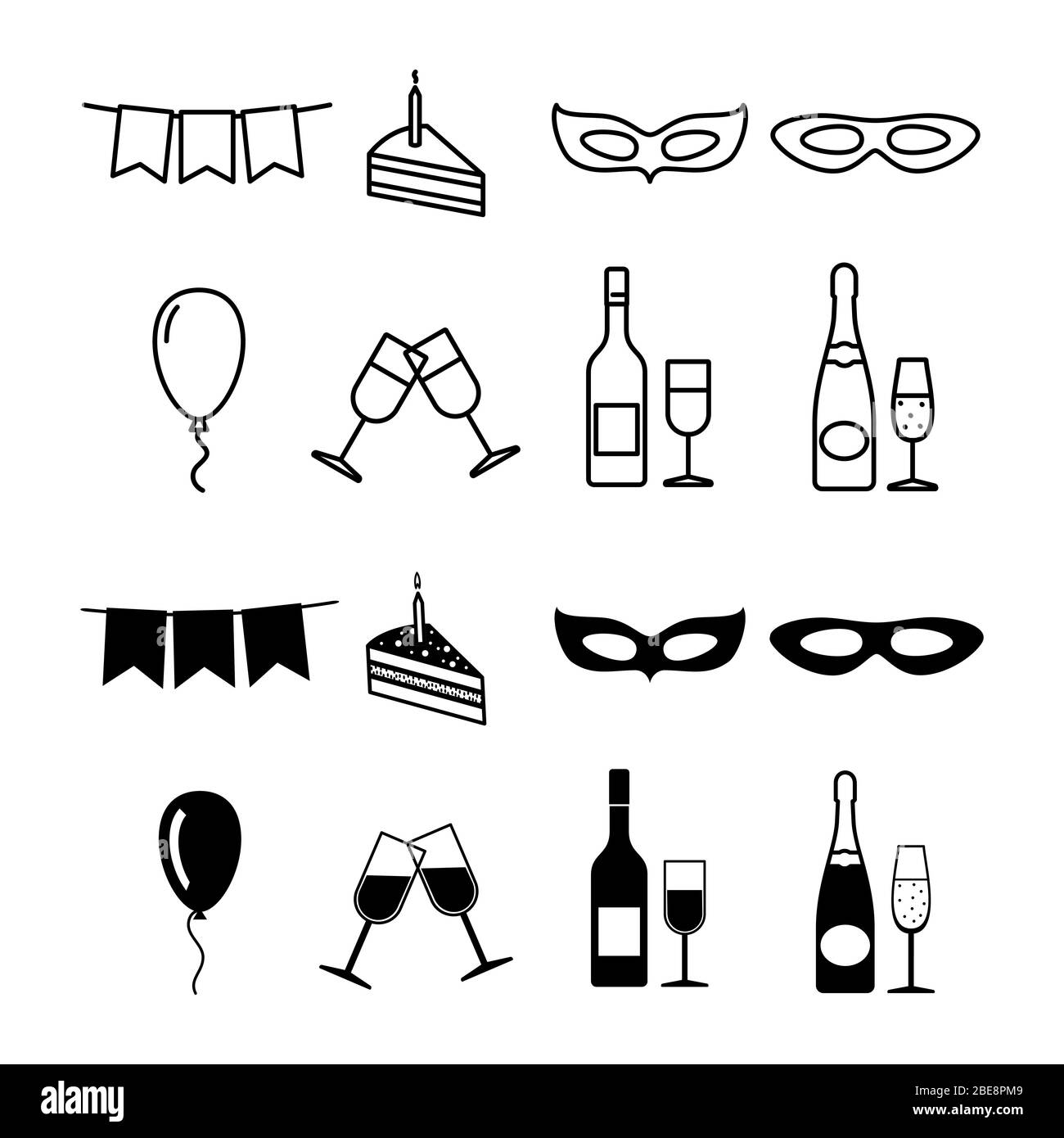 Birthday party icons collection - party silhouette and line icons set. Vector illustration Stock Vector