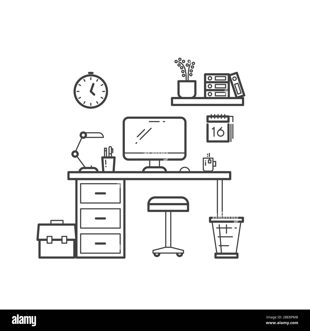 Workspace line concept - outline workplace with computer on white background. Vector illustration Stock Vector