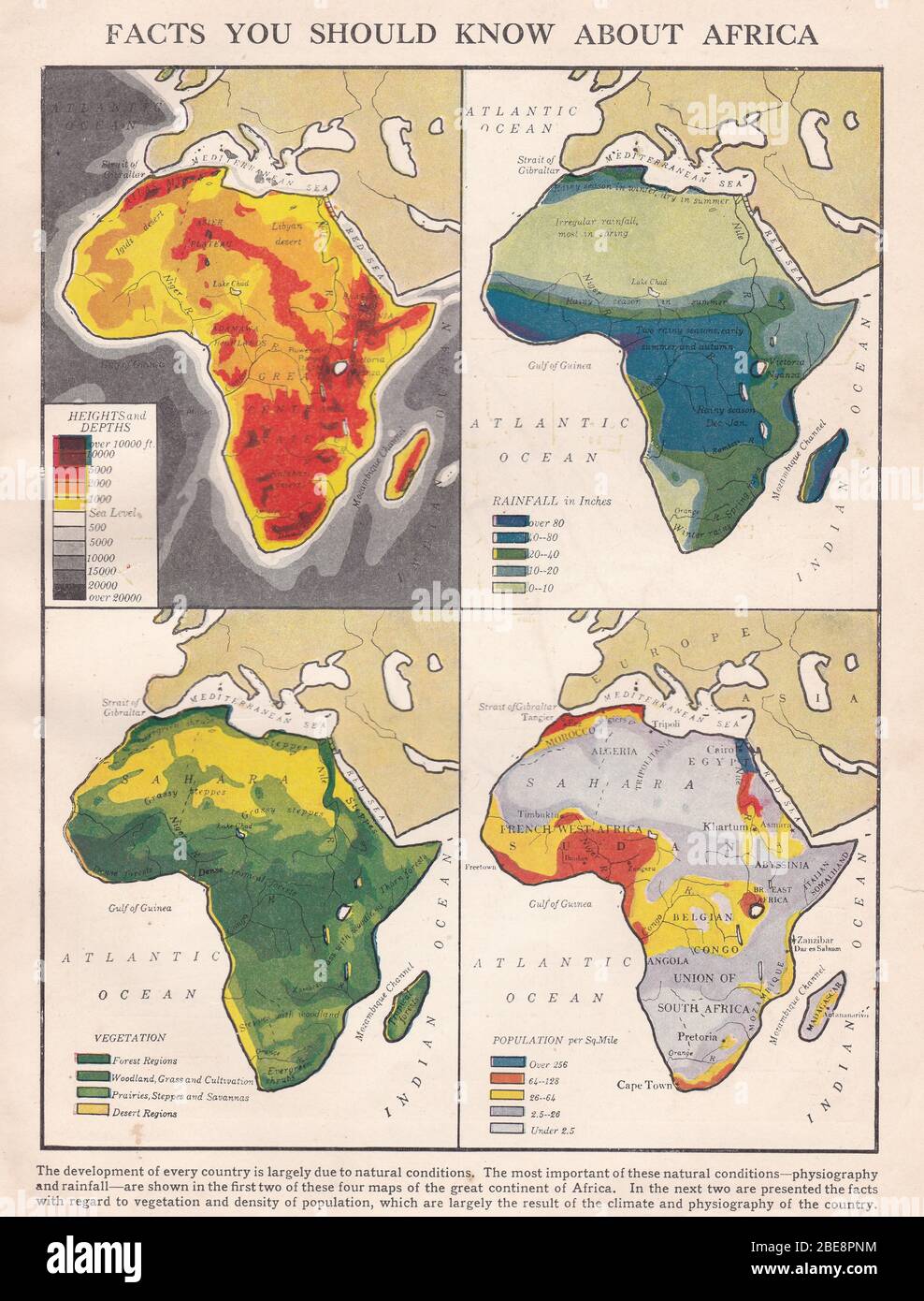 Vintage 1930s maps showing physiography, rainfall, vegetation and density of population of Africa. Stock Photo