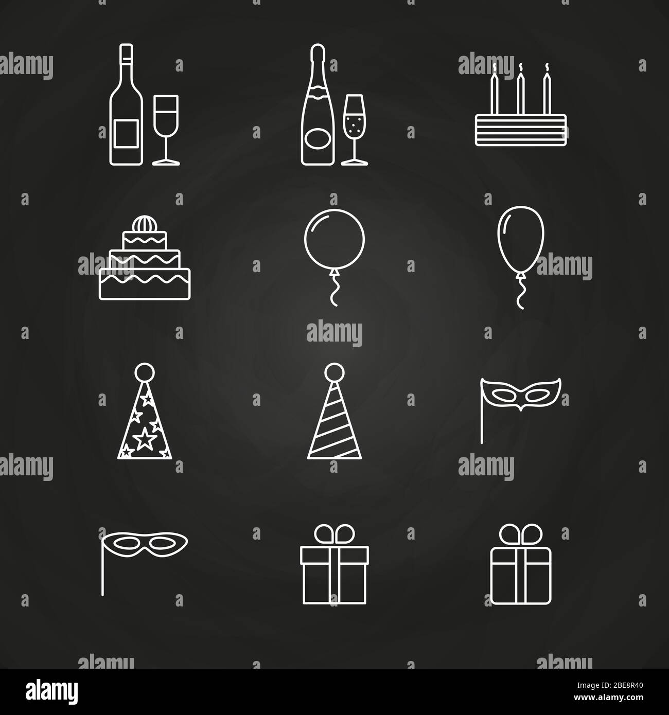 Birthday party icons on chalkboard. Vector fun celebration event linear