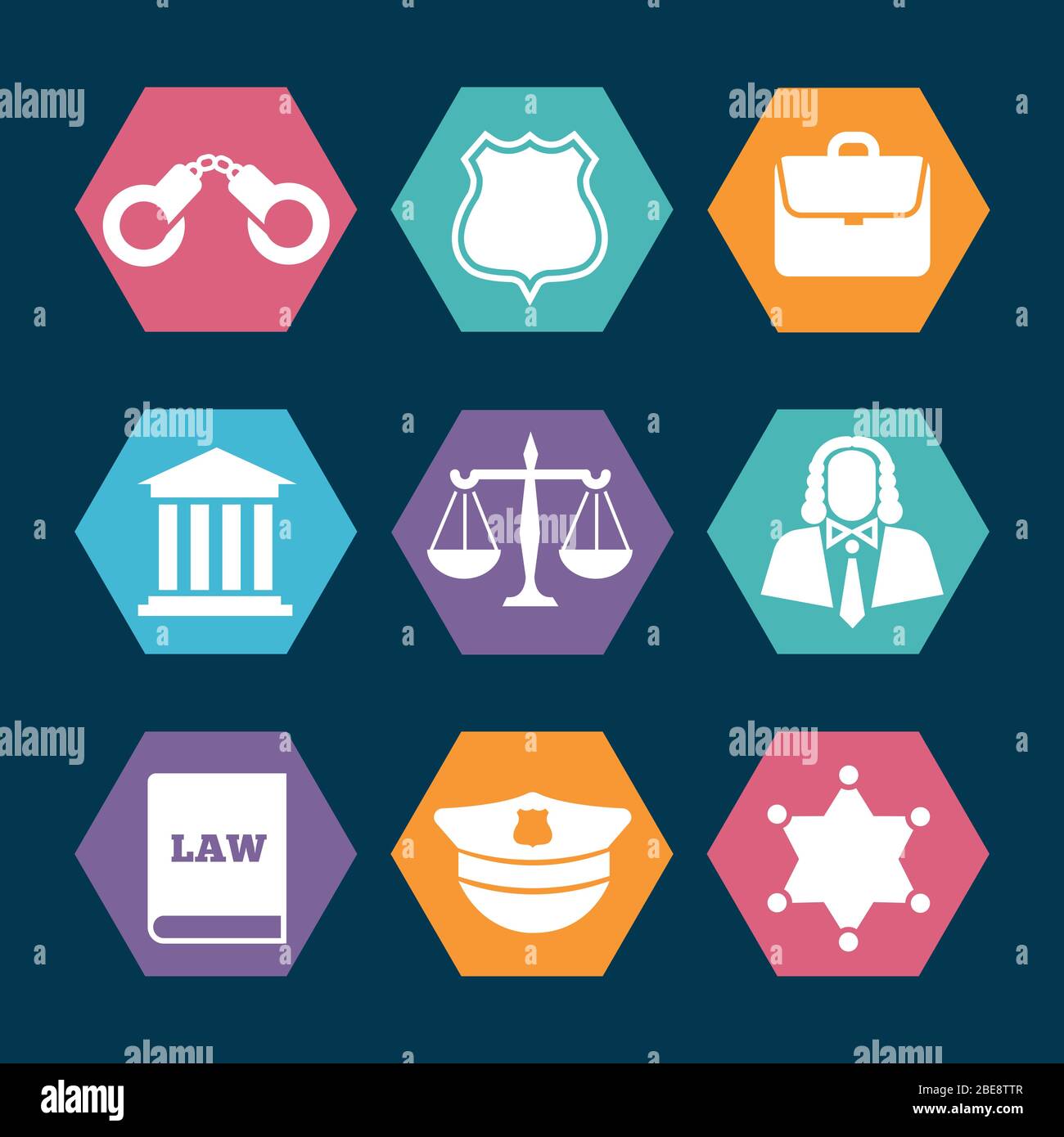 Law, justice and police icons set. Handcuffs and officer sheriff star, vector illustration Stock Vector