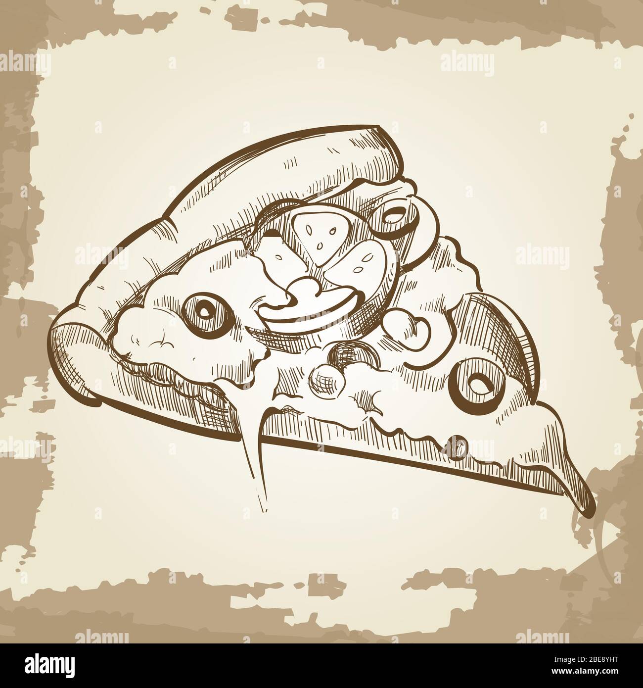 Hand sketched pizza on vintage grunge background - fast food poster. Vector illustration Stock Vector