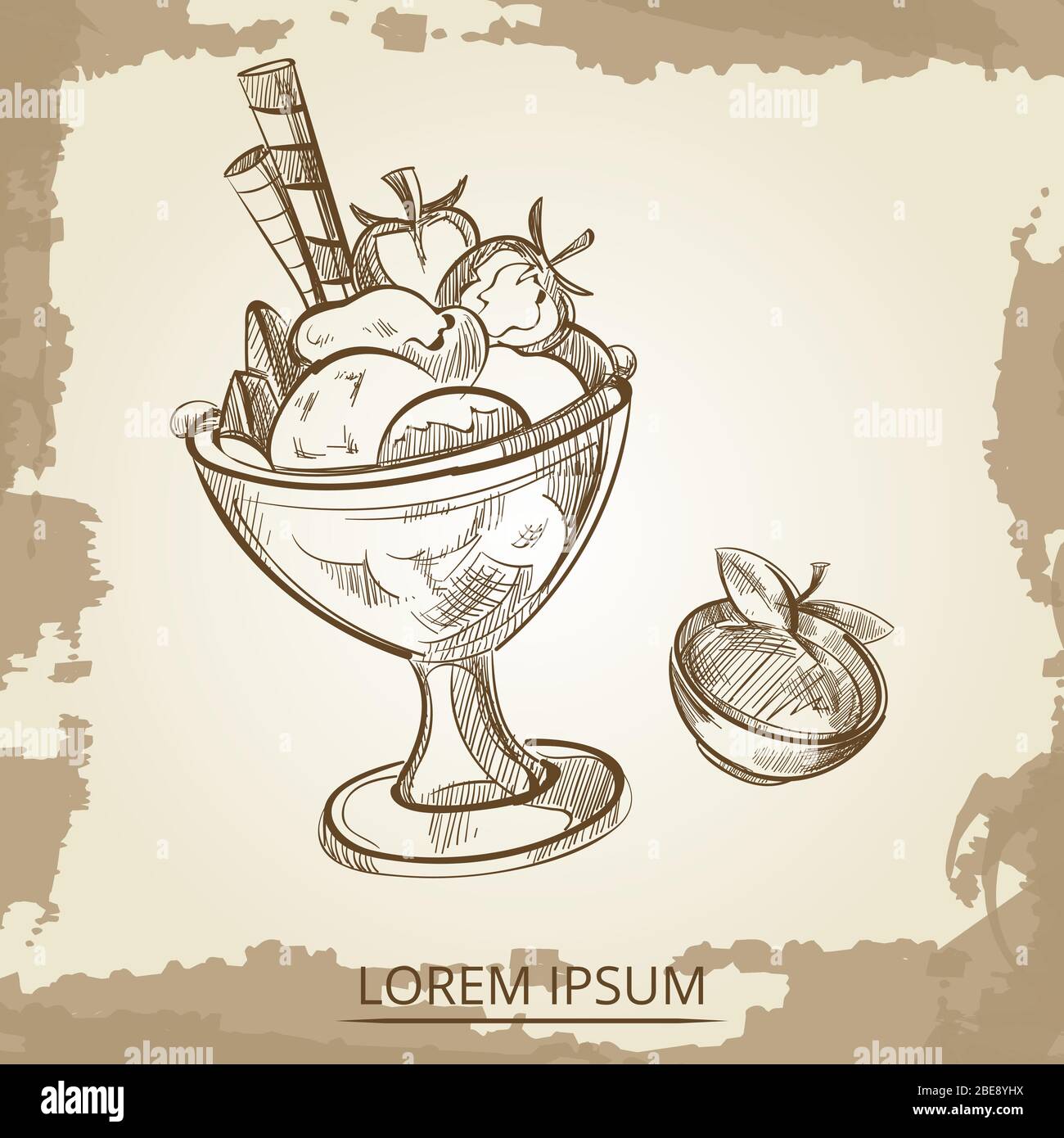 Sweet desserts vector - hand drawn ice cream and aramelized apple on vintage backdrop. Vector illustration Stock Vector