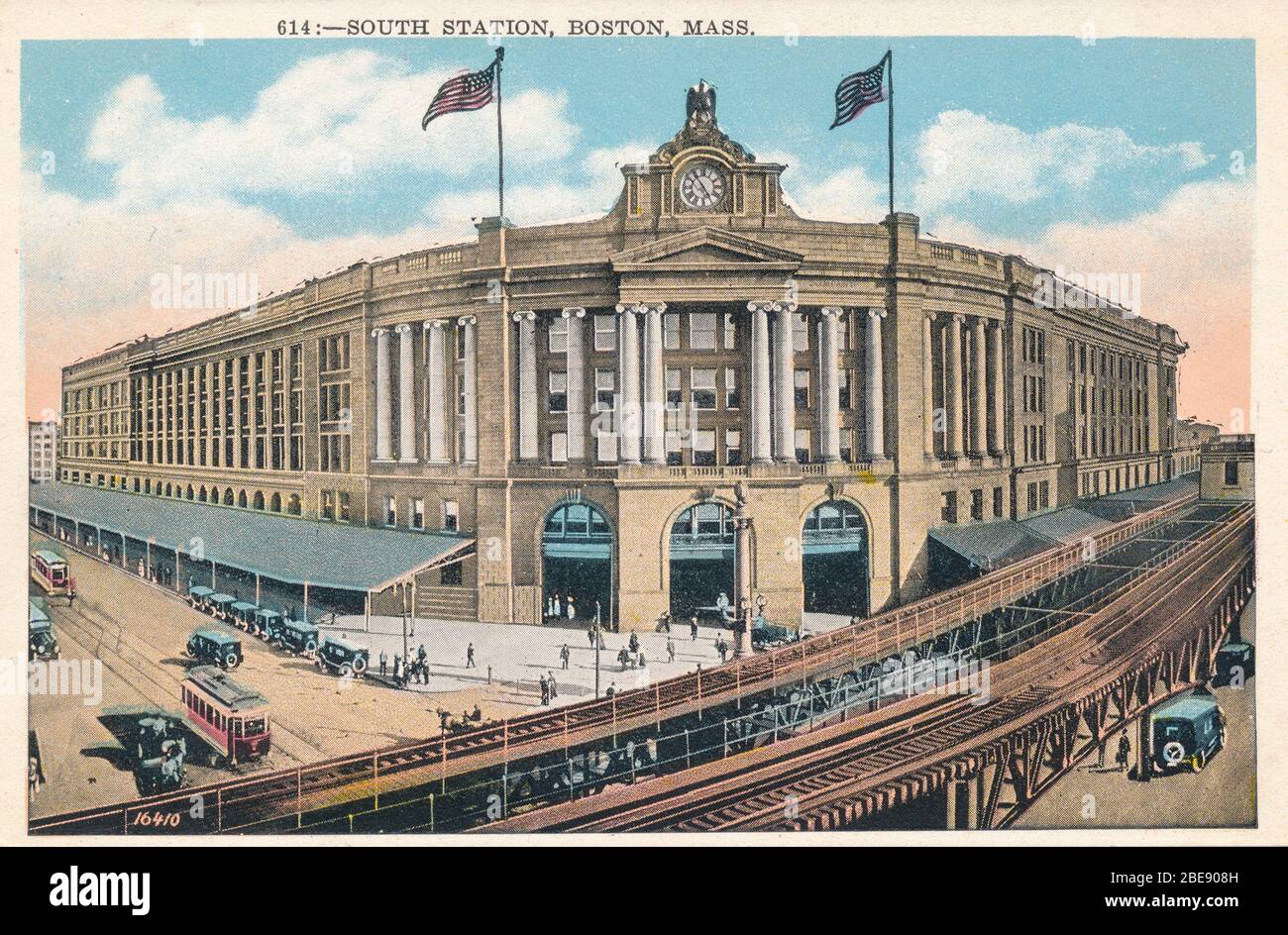 'English: An early postcard of South Station in Boston, Massachusetts. In imprint on the rear of the card reads, Pub. by The New England News Company, Boston, Mass.; circa 1920 date QS:P,+1920-00-00T00:00:00Z/9,P1480,Q5727902; Scanned postcard; Unknown author; ' Stock Photo