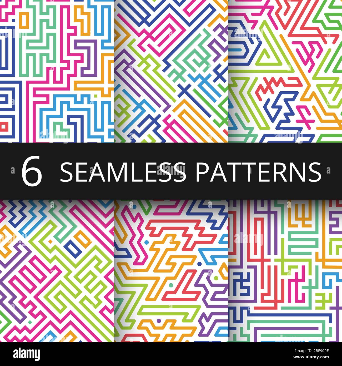 Modern geometric seamless vector patterns with color line shapes. Retro technology abstract repeating backgrounds collection. Geometric maze colored pattern collection illustration Stock Vector