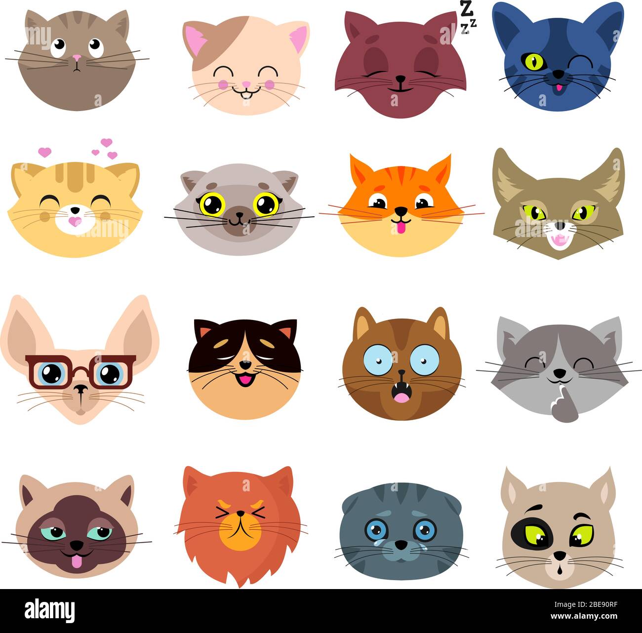 Fun cartoon cat faces. Cute kitten portraits vector set. Cartoon cats animal face illustration Stock Vector