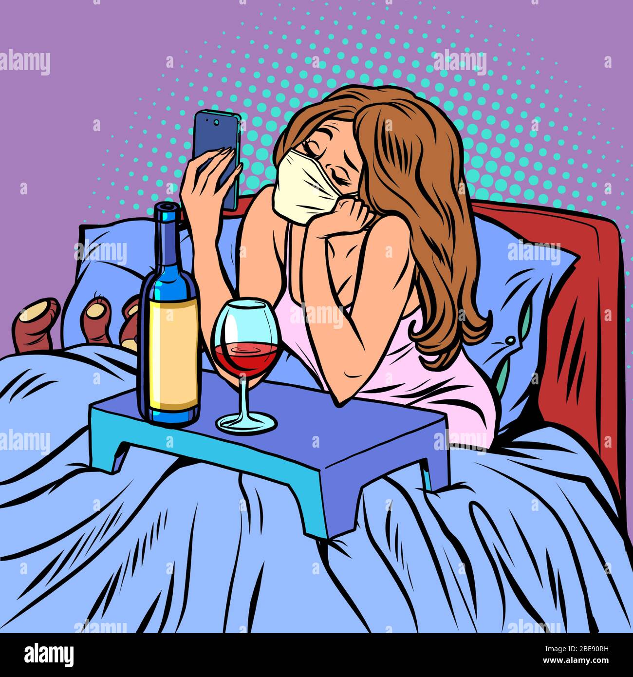A woman in quarantine in self isolation, dinner alone Stock Vector