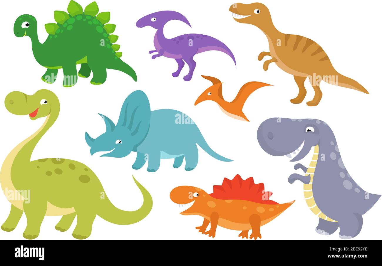 Cute cartoon dinosaurs vector clip art. Funny dino chatacters for baby collection. Funny character dino cartoon illustration illustration Stock Vector