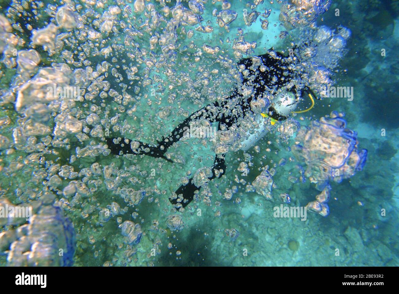 Scuba diver bubbles rising to the surface.  Background and pattern. Stock Photo