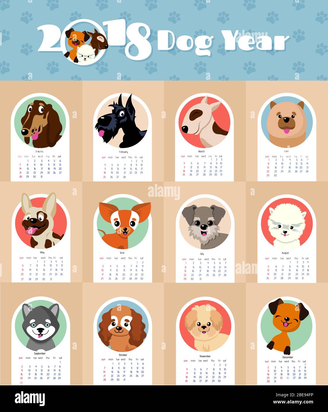 2018 new year calendar with cute and funny puppy dogs chinese symbol vector template. Calendar 2018 year of dog, funny puppy illustration Stock Vector