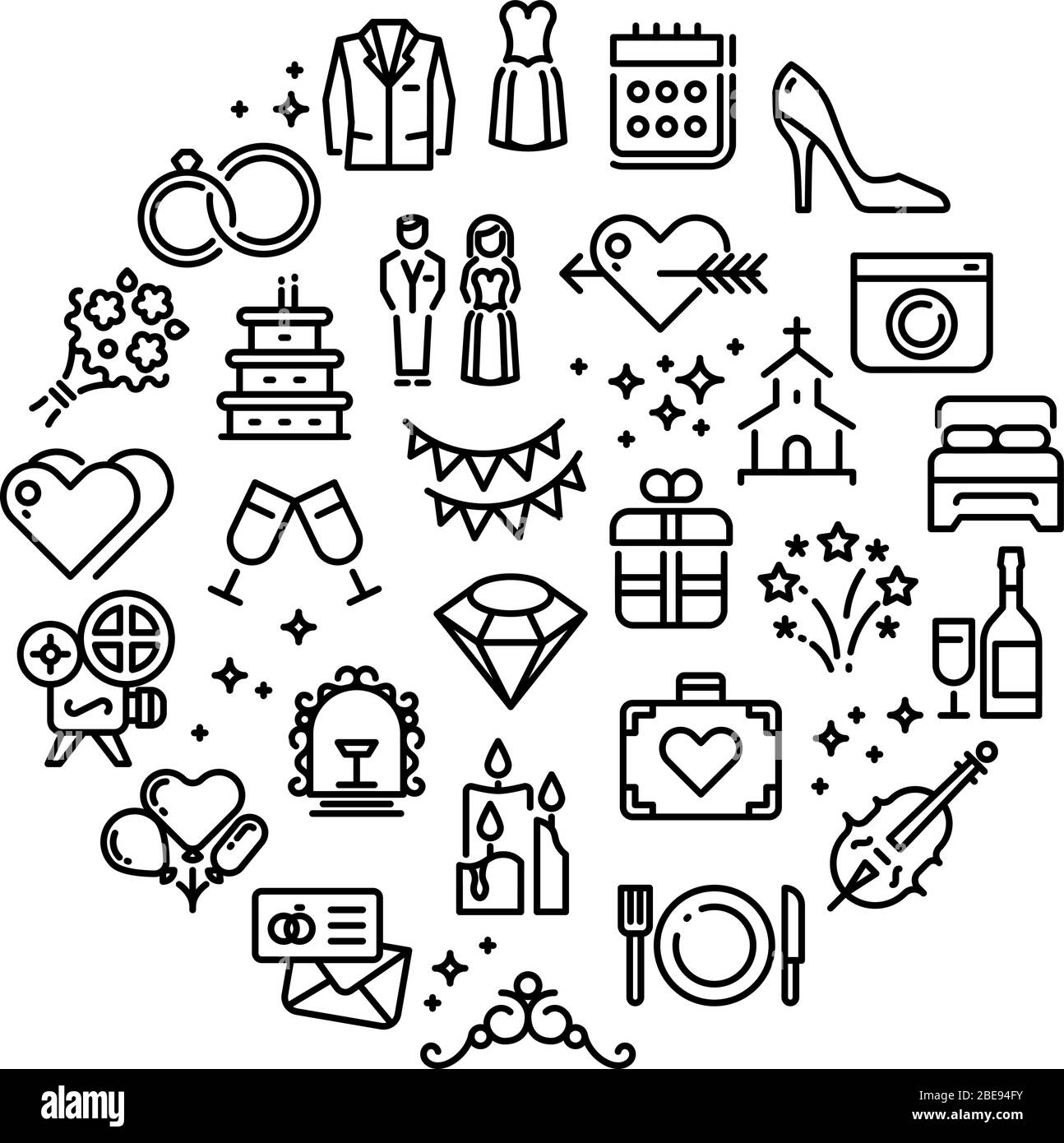 Wedding party fun outline vector icons. Marriage celebration, wedding badge round with collection of line icons illustration Stock Vector