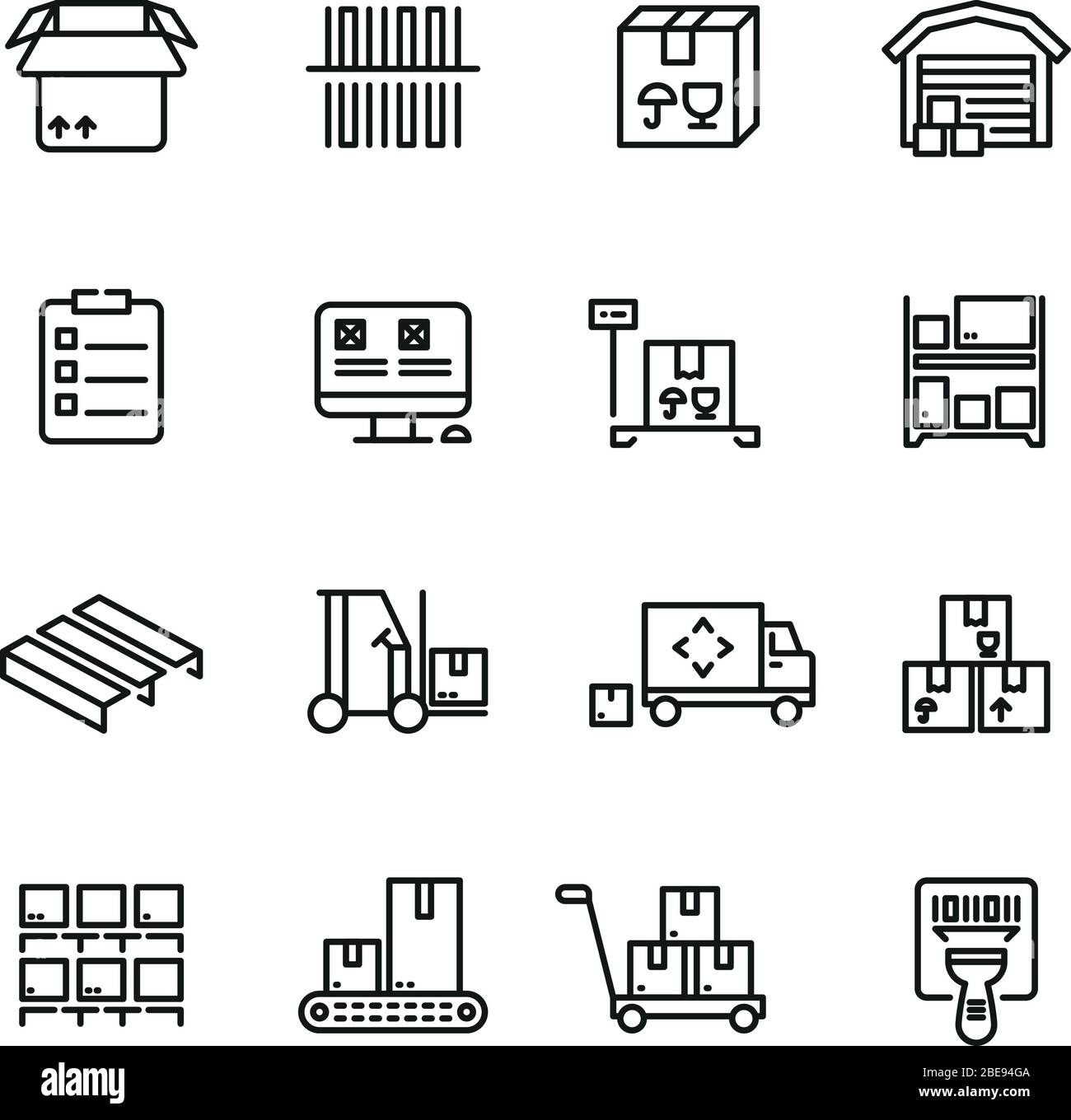 Storage service, warehouse, package delivery and equipment vector line icons. Freight and package, cargo container storage illustration Stock Vector