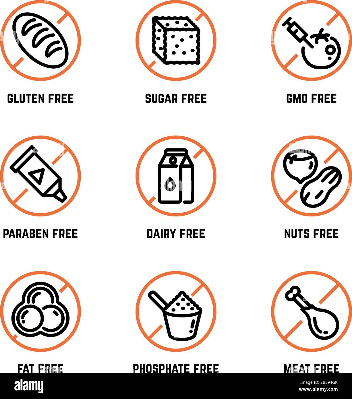 Food ingredient warning vector icons. Phosphate free, without gmo, no gluten organic product symbols. Forbidden sugar and gluten, phosphate and dairy illustration Stock Vector