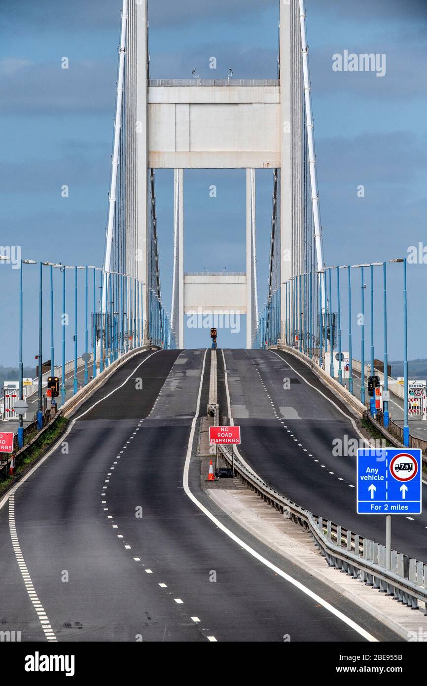 A deserted Severn Bridge linking England and Wales usually busy over a Bank Holiday, as the government restrictions continue to contain coronavirus. Stock Photo