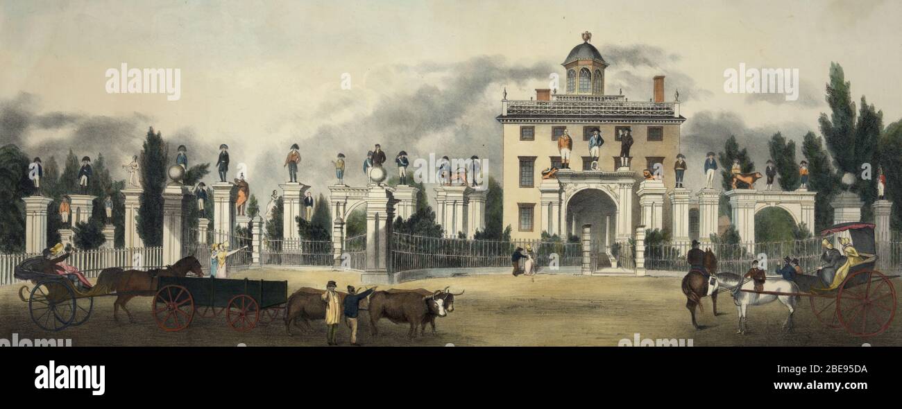 'Detail of: A view of the mansion of the late Lord Timothy Dexter in High Street, Newburyport, 1810 / J.H. Bufford's lith. Creator(s): J.H. Bufford's Lith., Date Created/Published: [Boston, 184-?] Medium: 1 print : lithograph, hand colored. Summary: View of mansion of Timothy Dexter, Newburyport, Massachusetts, with key to the statues and several lines of explanation below picture.; circa 1840 date QS:P,+1840-00-00T00:00:00Z/9,P1480,Q5727902s; https://www.loc.gov/pictures/item/93504543/; Bufford; ' Stock Photo