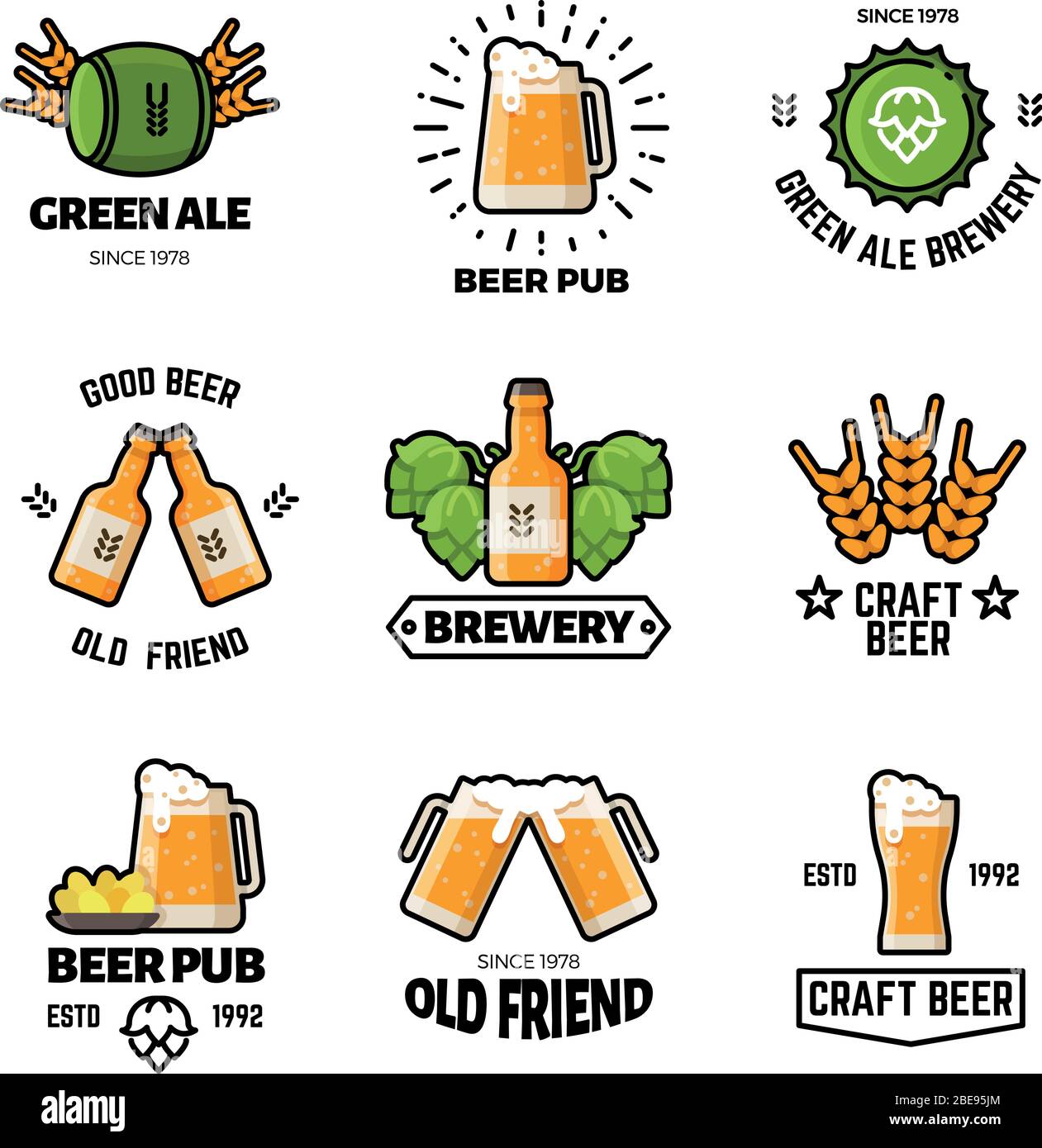 Beer pub vector logos and emblems. Brewery and brewing business vintage labels. Brewery beer emblem, pub and bar label logo illustration Stock Vector
