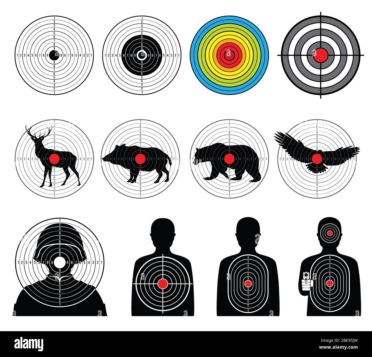 Targets for shooting with silhouette man and animals vector set. Target silhouette animal and man illustration Stock Vector