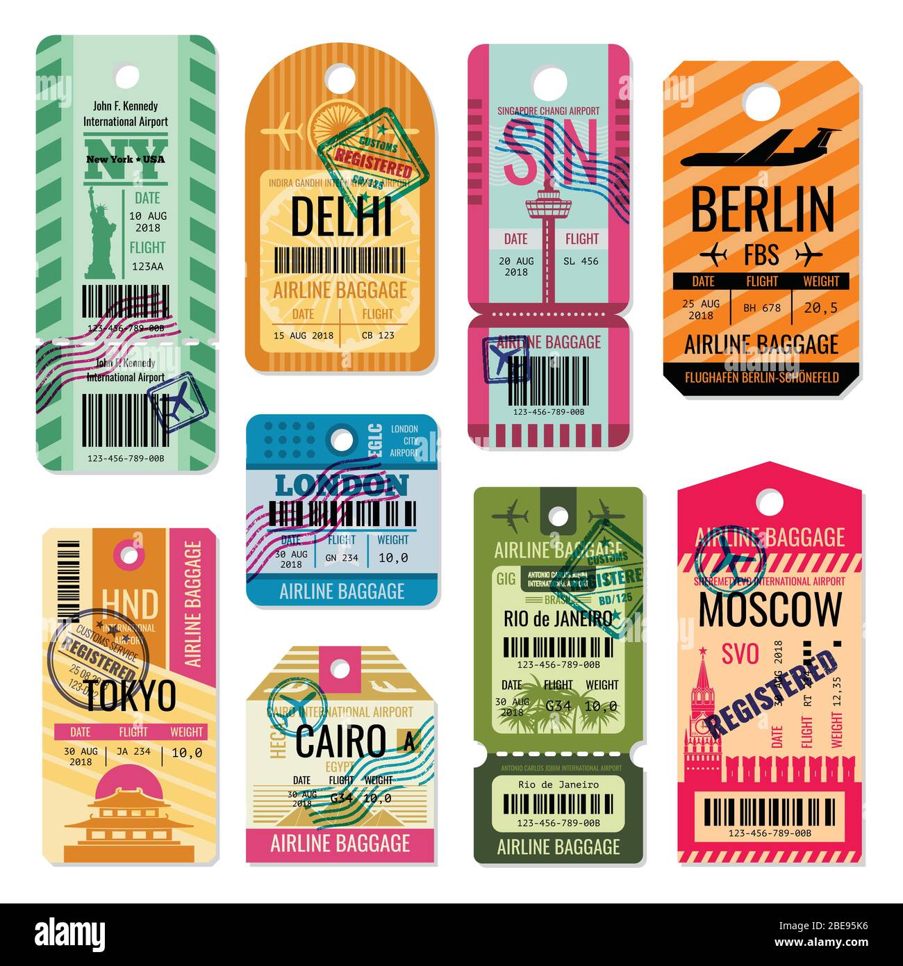Vintage baggage tags and luggage labels vector set. Baggage tag and label for transportation illustration Stock Vector