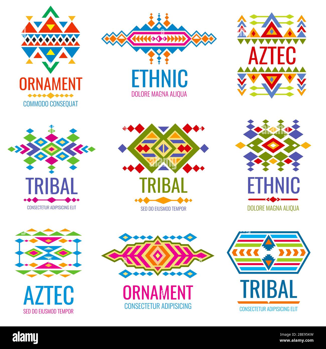 Vintage american indian vector logo set. Business brand identity in tribal mexican style. Vintage color pattern logo business illustration Stock Vector