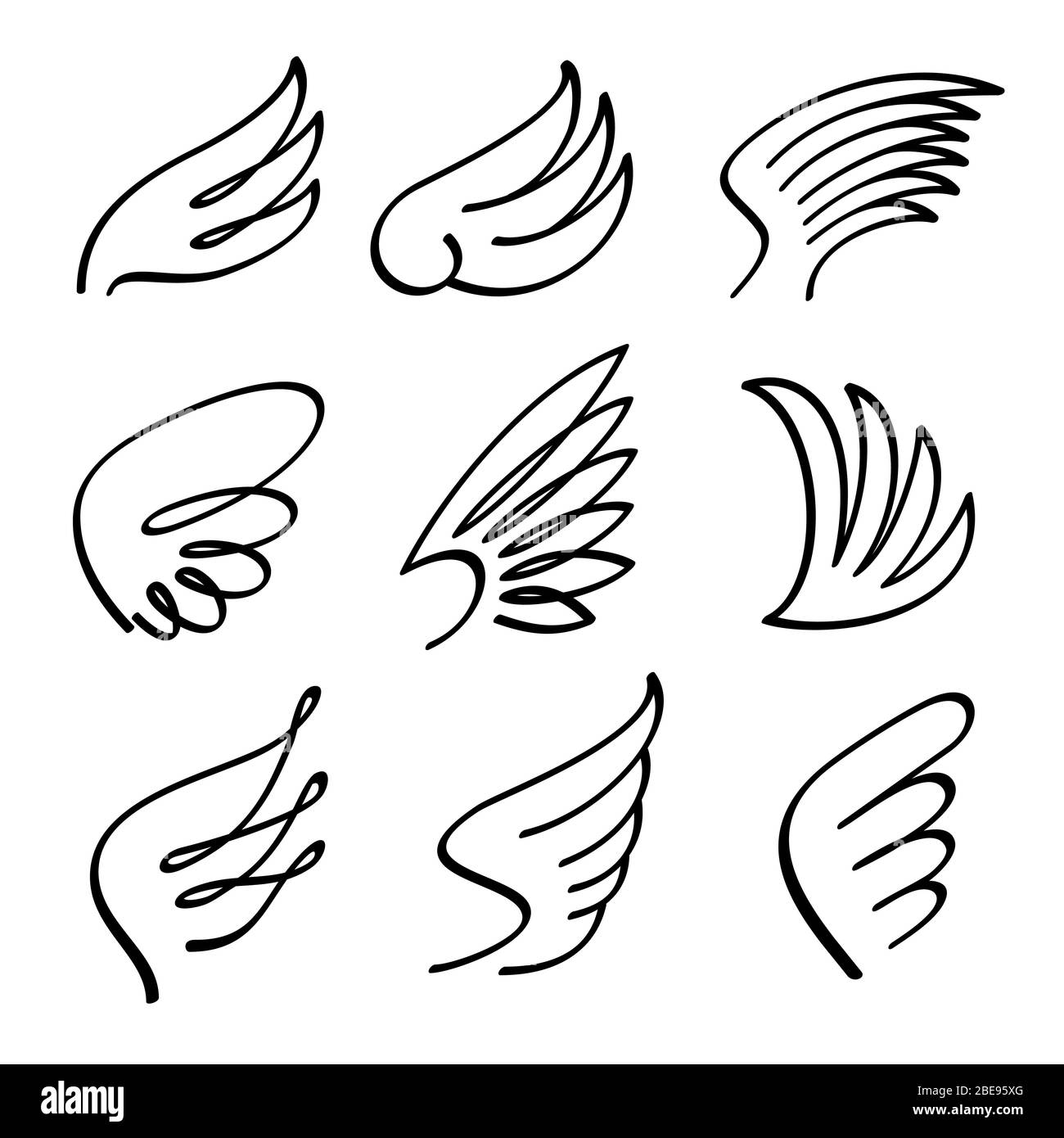 Cartoon angel wings vector set. Sketch doodle winged abstract emblems isolated on white background. Wing bird cartoon black illustration Stock Vector