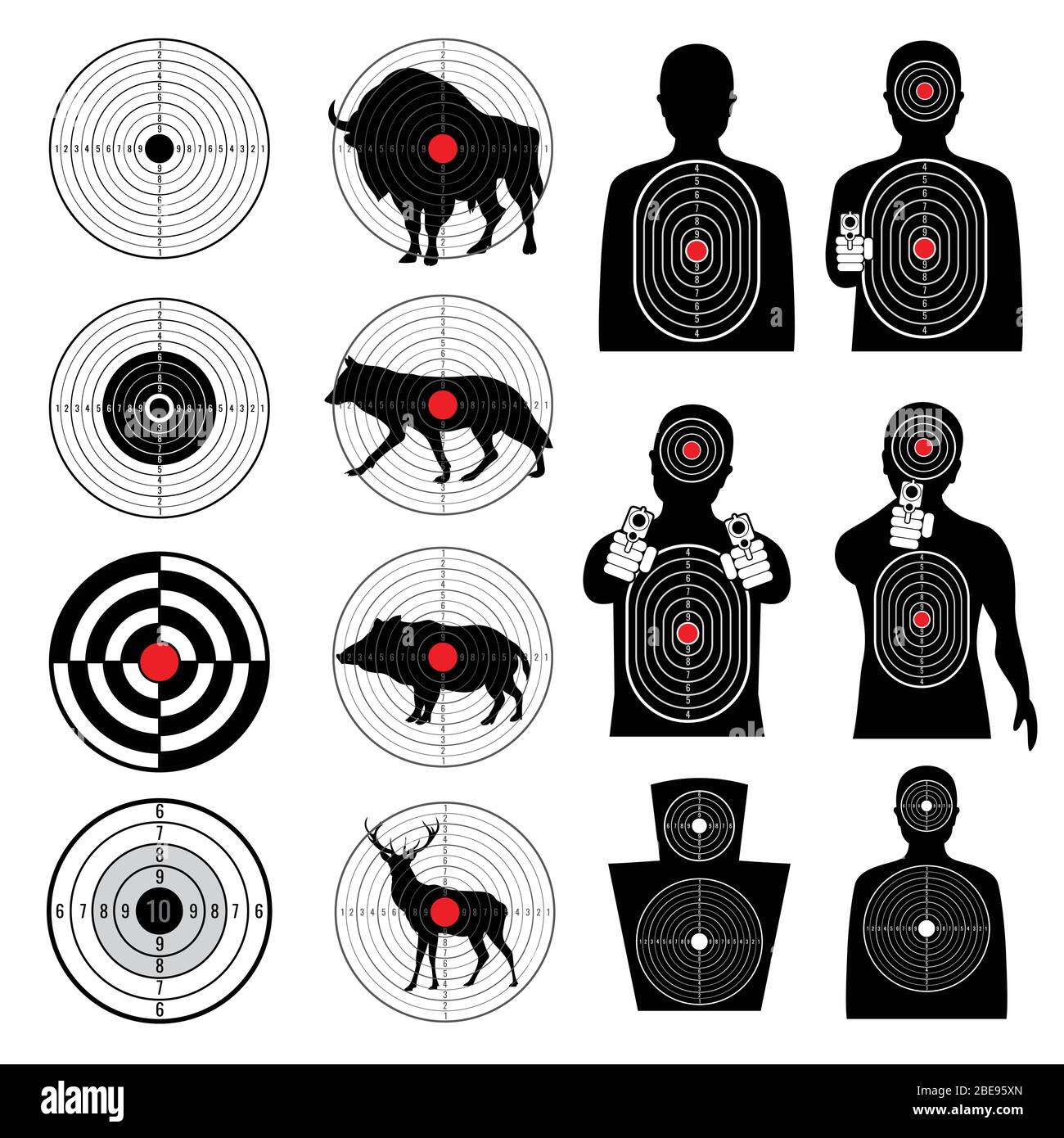 Gun shooting targets and aiming target silhouettes vector collection. Aim and goal, target for sniper, bullseye round aim illustration Stock Vector