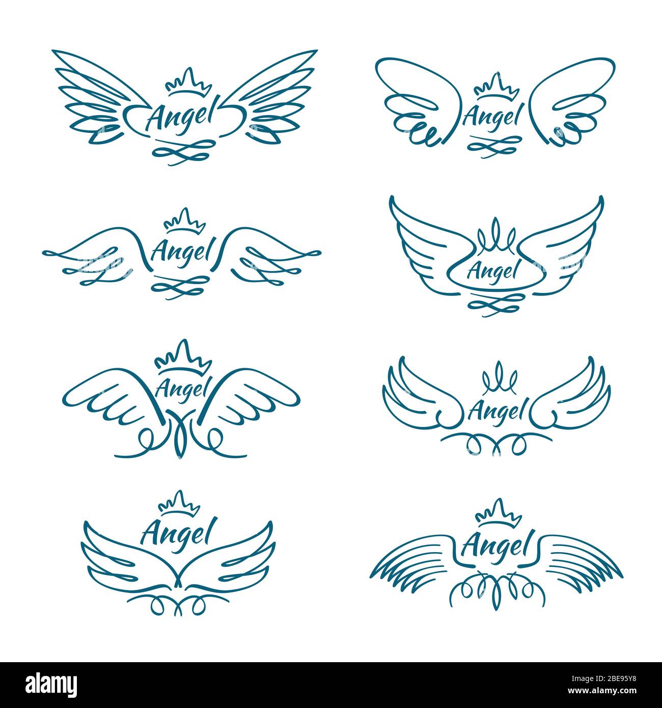 Elegant angel flying wings. Hand drawn wing tattoo vector design collection. Angel wing line, illustration of freedom tattoo sketch hand drawn Stock Vector