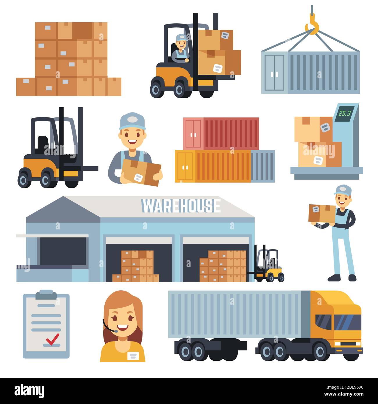 Merchandise warehouse and logistic flat vector icons with workers and equipment. Delivery and
