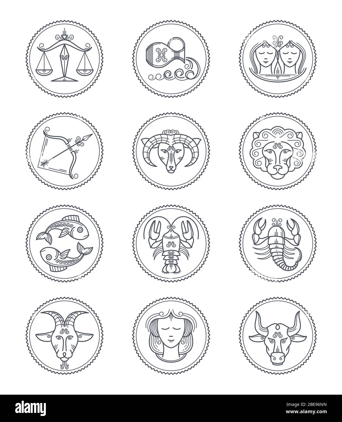 Zodiac vector astrology vector line icons. Aries and taurus, gemini and cancer, leo and virgo, libra and scorpio, sagittarius and capricorn, aquarius and pisces signs. Horoscope line style symbols Illustration Stock Vector