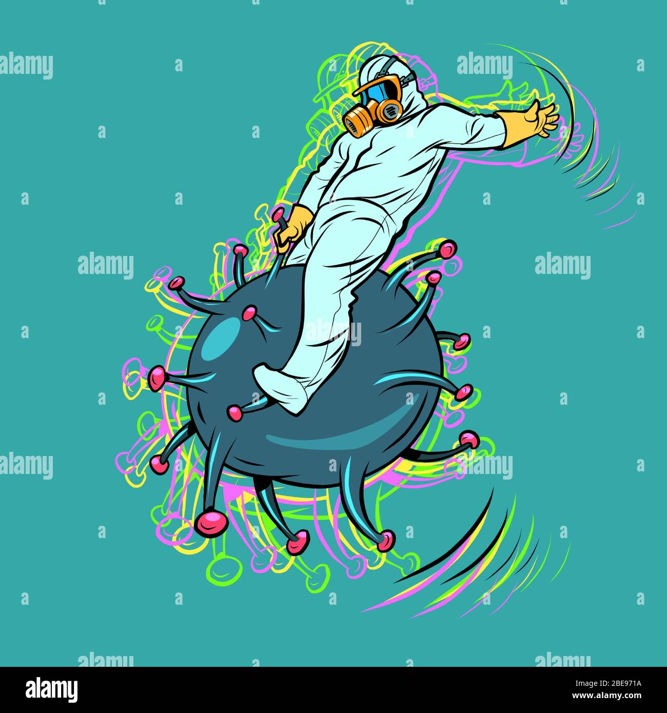 the doctor fights the coronavirus like a wild horse. Search for a vaccine. Science and health Stock Vector
