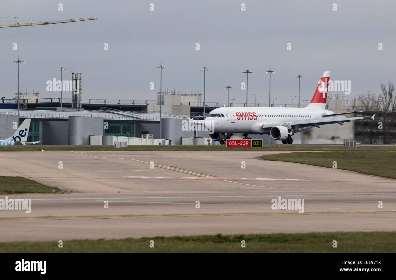 Swiss A320 Landing Manchester Stock Photo