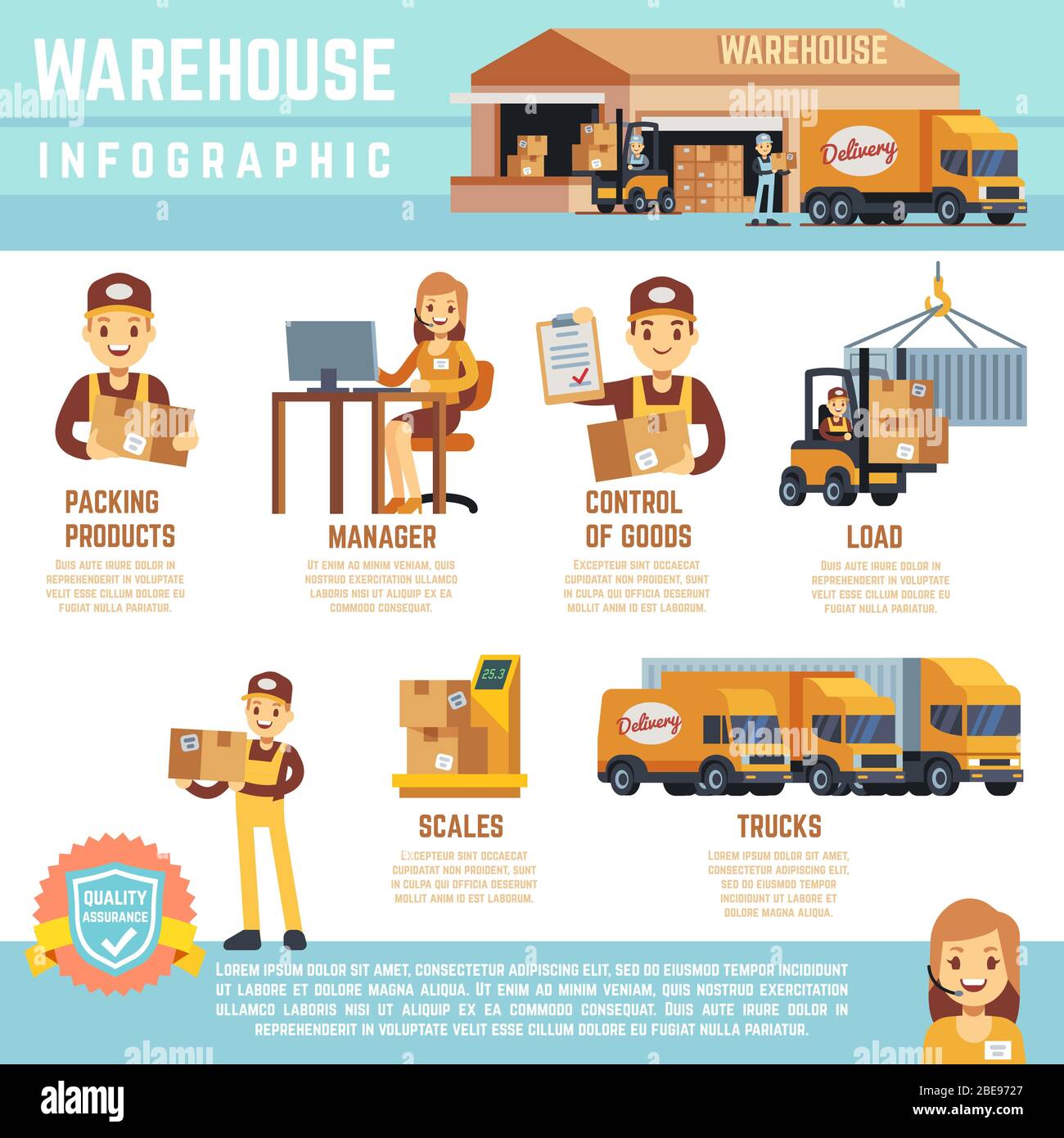 Warehouse and merchandise logistics vector infographics with storage