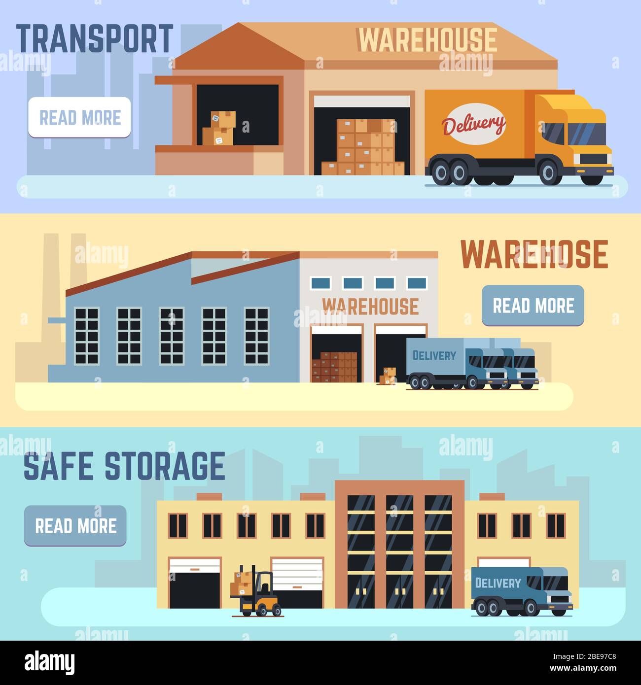 Warehouse, shipping transportation and delivering service vector horizontal banner set. Warehouse service distribution illustration. Logistic and storage industry. Stock Vector