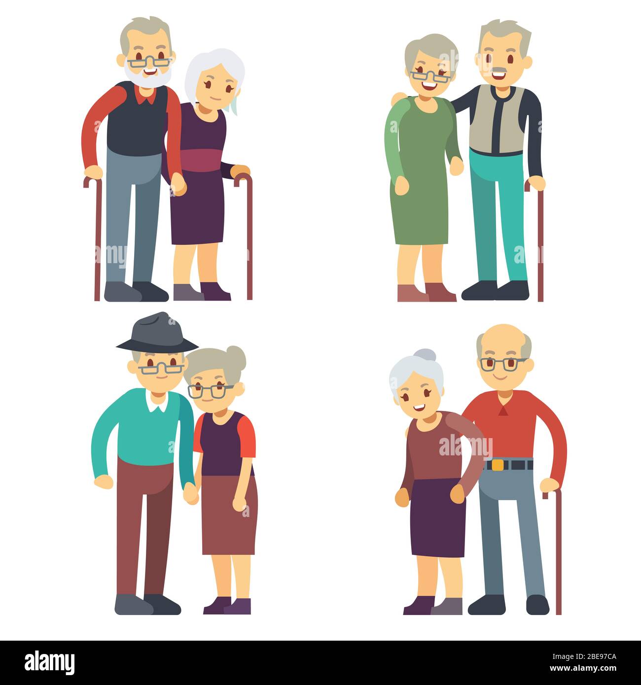 Smiling and happy old couples. Elderly families cartoon characters vector set. Grandfather and grandmother couple, woman and man elderly illustration Stock Vector