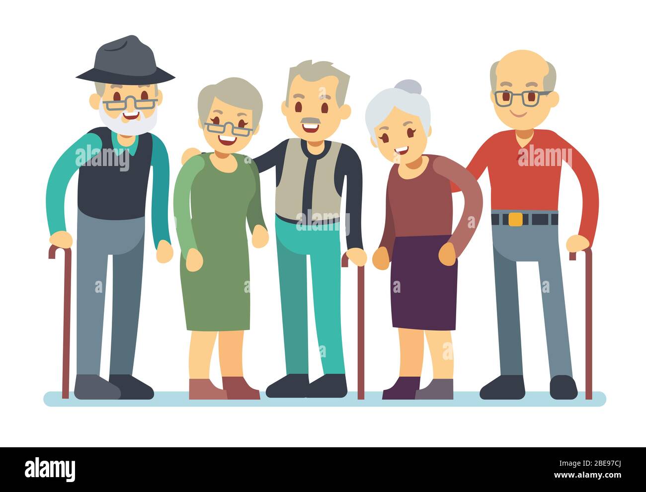 Group of old people cartoon characters. Happy elderly friends vector illustration. Grandmother and grandfather friends retirement Stock Vector