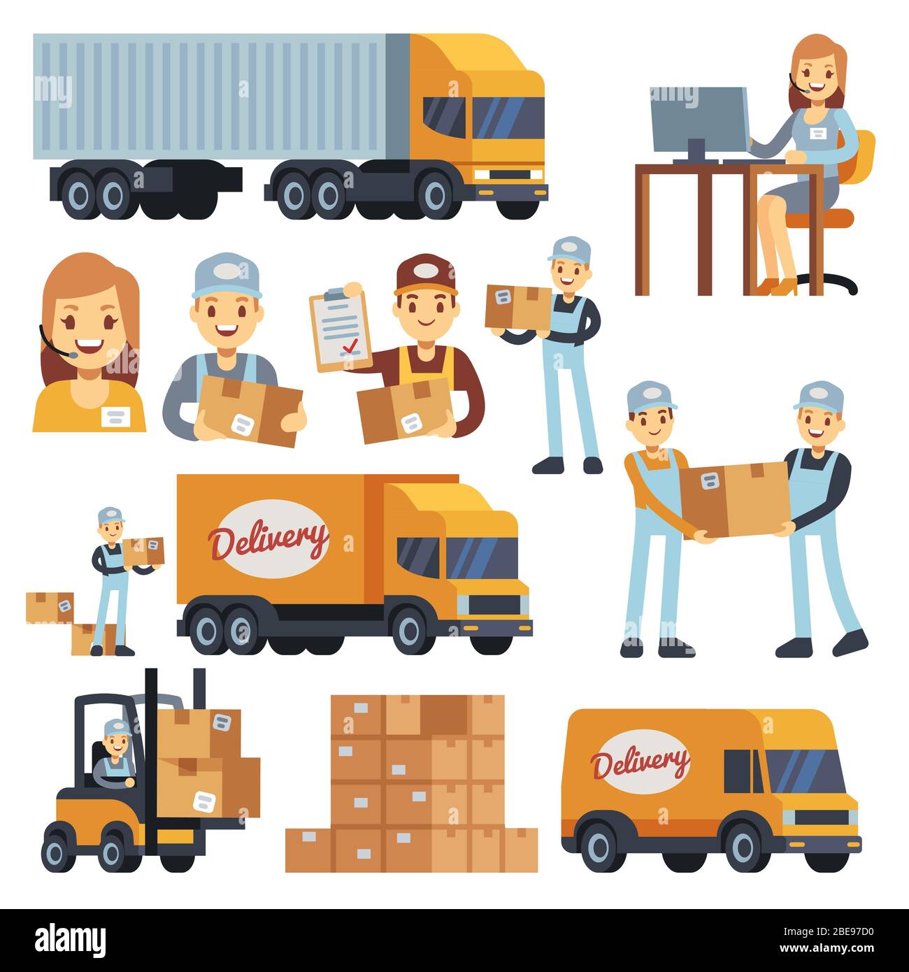 Warehouse workers cartoon vector characters - loader, delivery man, courier and operator. Warehouse delivery business illustration Stock Vector