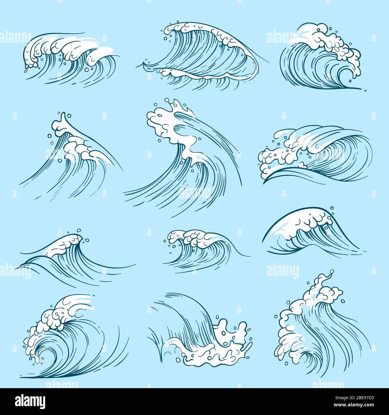 Sketch ocean waves. Hand drawn marine vector tides. Wave water storm sea illustration Stock Vector