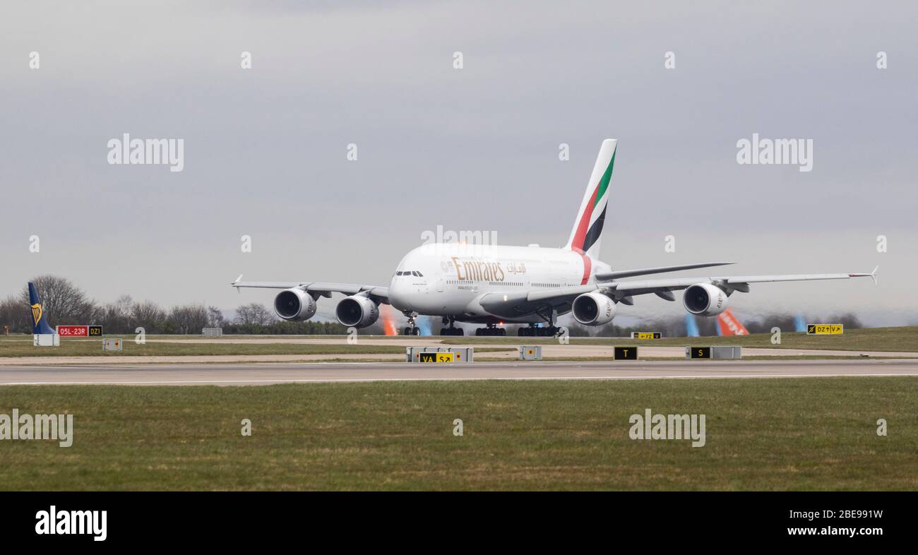 Emirates A380 Take off Manchester Stock Photo