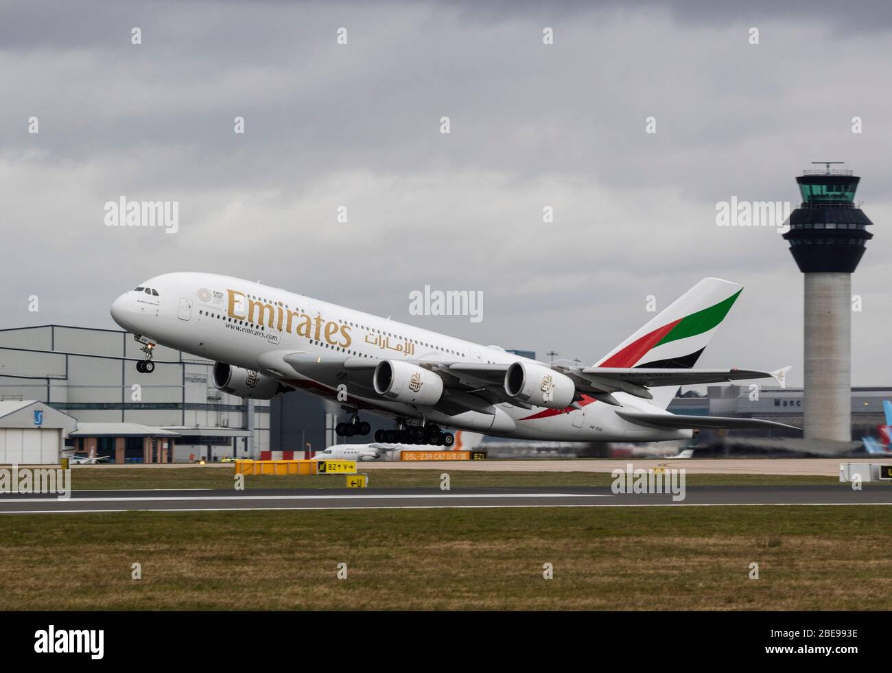 Emirates A380 Take off Manchester Stock Photo - Alamy