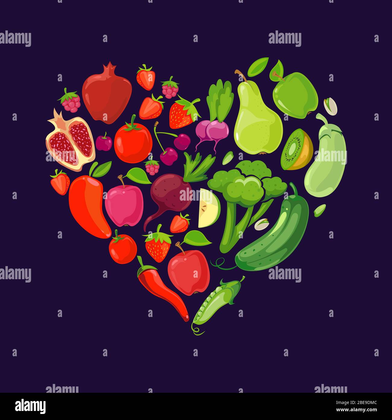 Heart shapes with fruits and vegetables. Diet nutrition organic, vector illustration Stock Vector