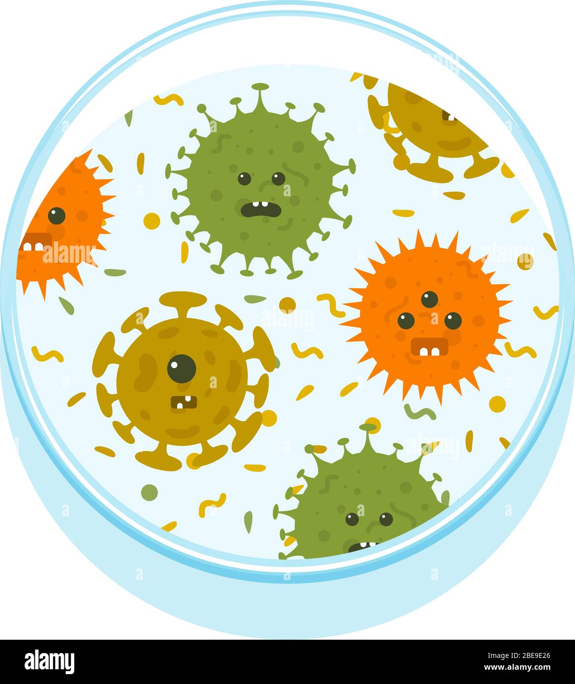 Petri dish with cartoon microbes. Bacteria and virus microbiology, vector illustration Stock Vector