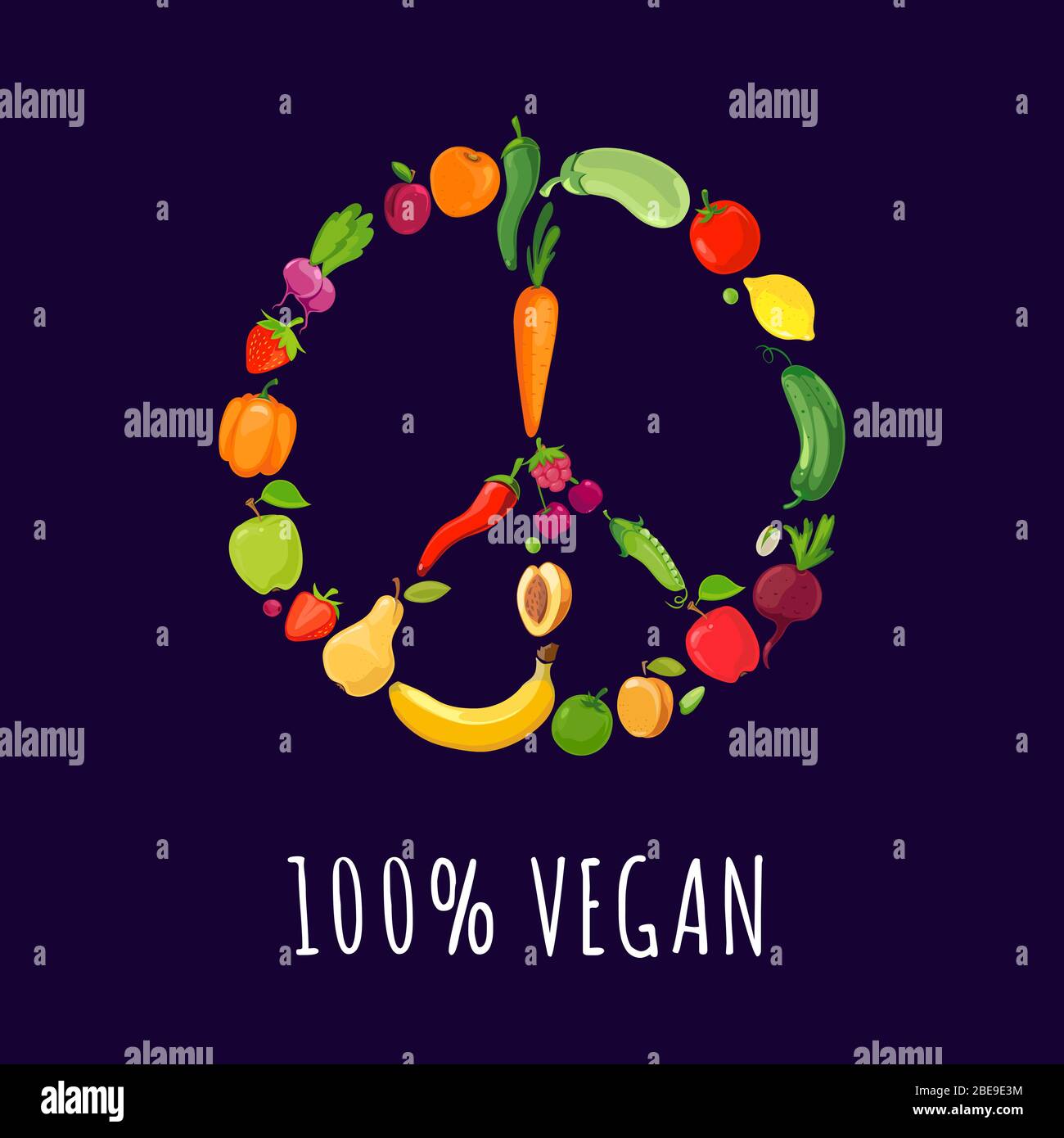 Peace sign from vegetables and fruits. Healthy fresh vegetarian. Vector illustration Stock Vector