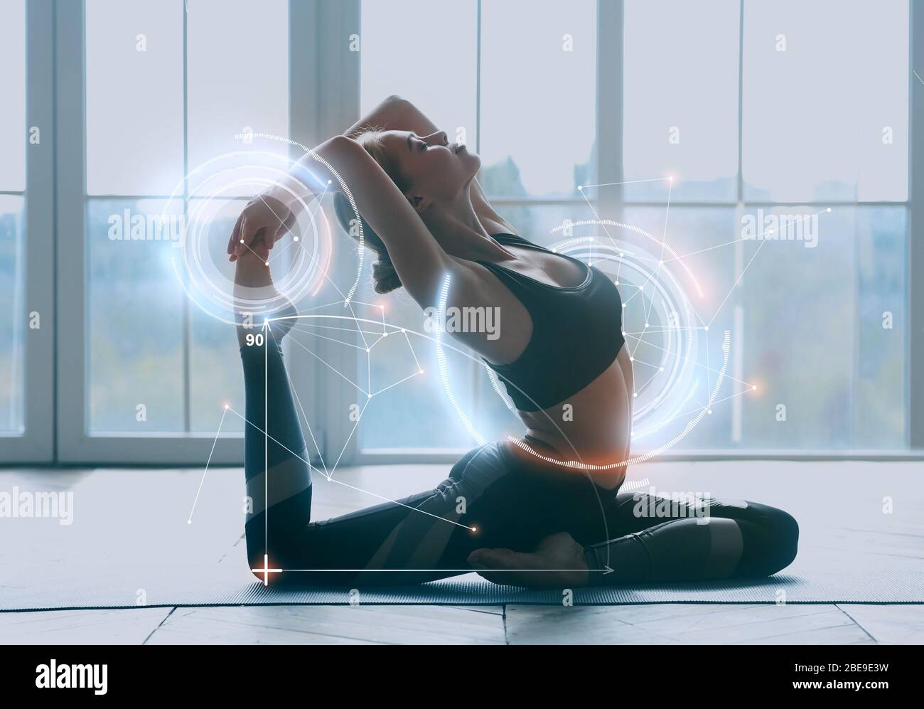 Creative collage with pretty young girl doing yoga at home Stock Photo ...