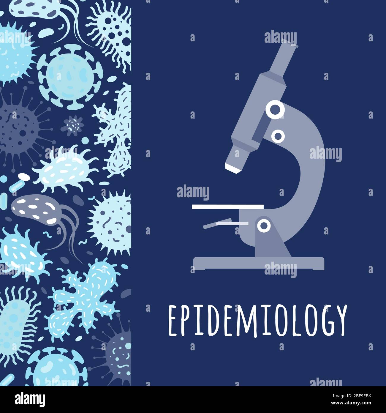 Poster with microscope and microbes. Vector epidemiology concept banner with microscope illustration Stock Vector
