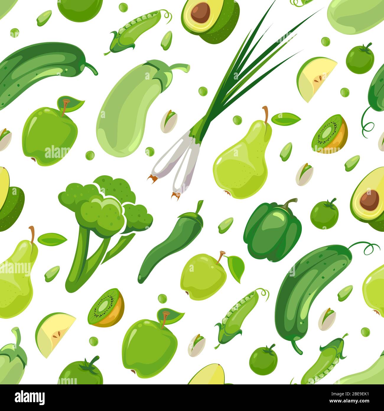 Seamless pattern with green vegetables and fruits. Vector flat illustration Stock Vector